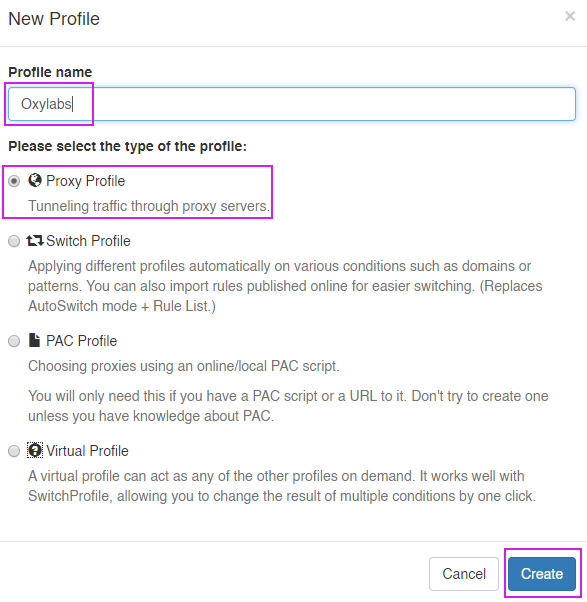Profile name and proxy profile