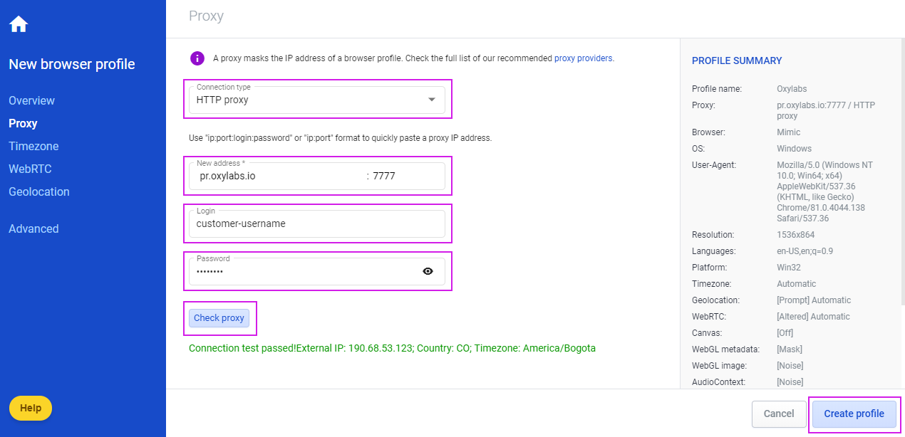 Multilogin proxy settings